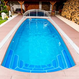 Viereckiger GFK Pool aus Glasverbund - Komplettset - 350x750cm - integrierte breite Stufen - gro� - Mar Menor Smaragd / Dunkelblau