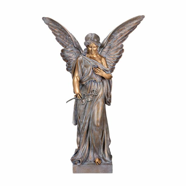 Stehender Bronzeengel mit Rose als stilvolle Dekoration - Angelus Florere / 15cm / Bronze Wachsgusspatina