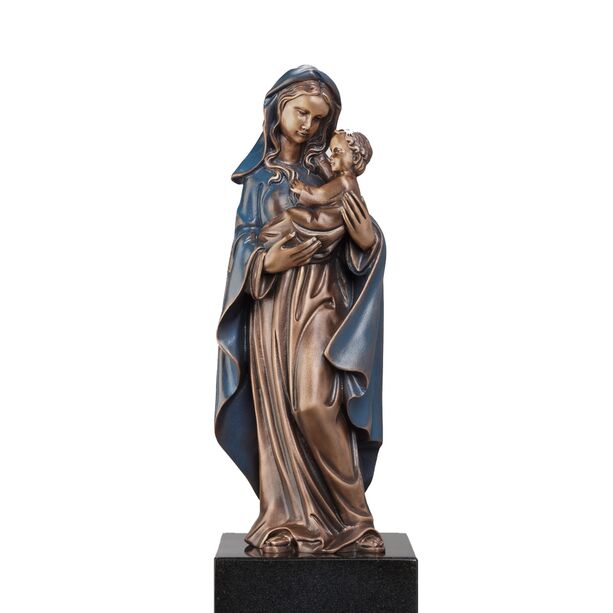 Bronzefigur Maria mit Umhang hält Kind im Arm - Madonna Rosario