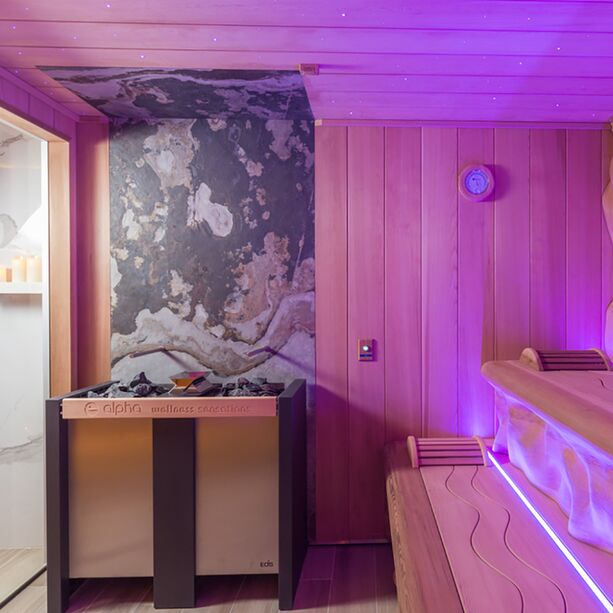 Groe Luxus Sauna fr den Innenbereich mit 3D Holzwand und Findling fr 10-15 Personen - Taria