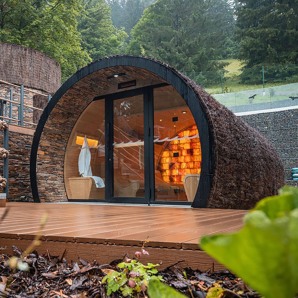Image of Großes elliptisches Gartenhaus mit Ruheraum zur Entspannung - Amunet / Außenverkleidung mit Kokosmatte