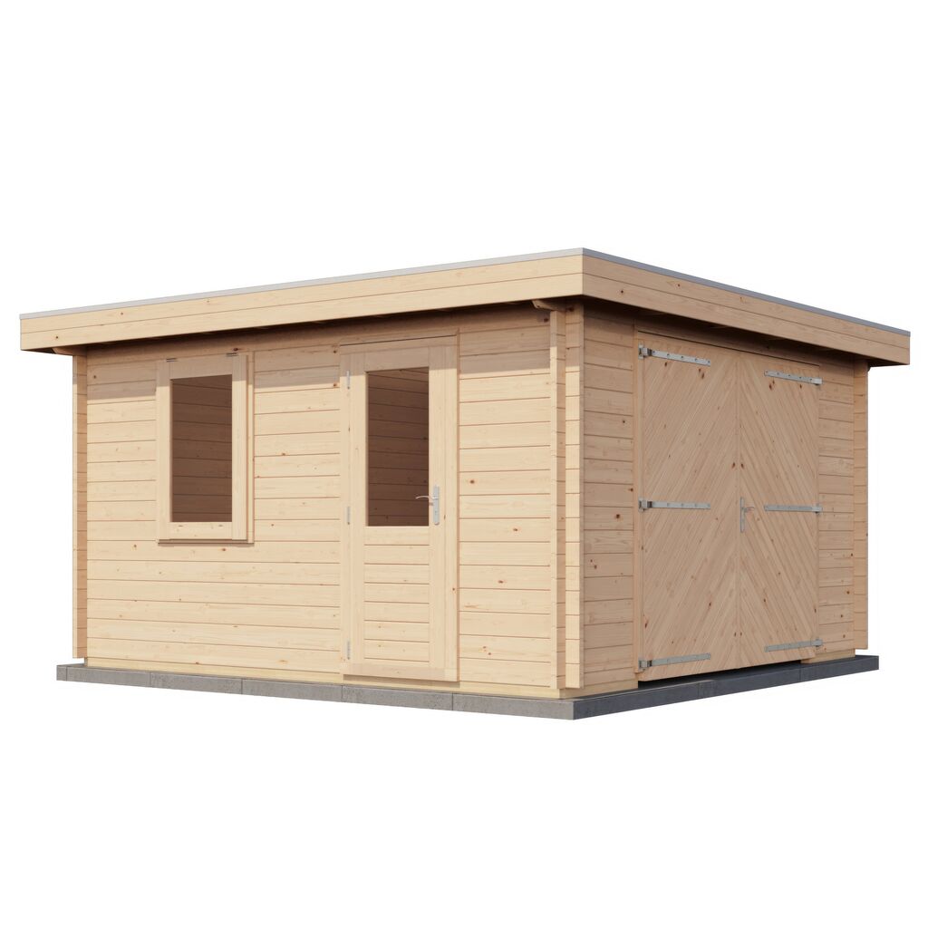 Kompaktes Blockhaus 400x400cm zur DIY-Montage mit Garagentor Platzwunder f�r Ihren Garten - Gartenhaus Linus