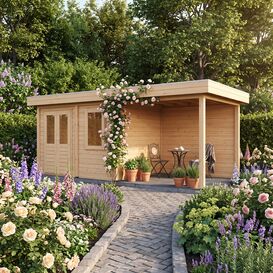 Premium Holzhaus 388x300cm f�r den Garten plus �berdachte...